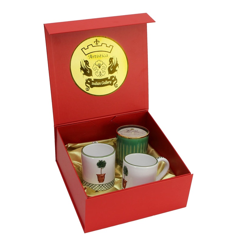 GIFT BOX: DeLuxe Glossy Red Gift Box with Two Deruta Giardino Mugs and One Crystal Candle Blue Spruce scent