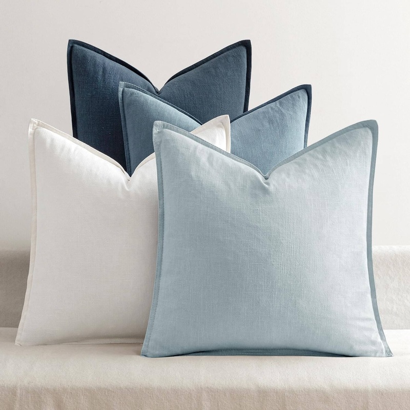 MIULEE Blue Linen Pillow Covers Pack of 4 Decorative Natural Solid Throw Pillow Covers Soft Accent Boho Farmhouse Couch Pillowcases Modern Home Decors for Living Room Bed Sofa 20×20 Inch