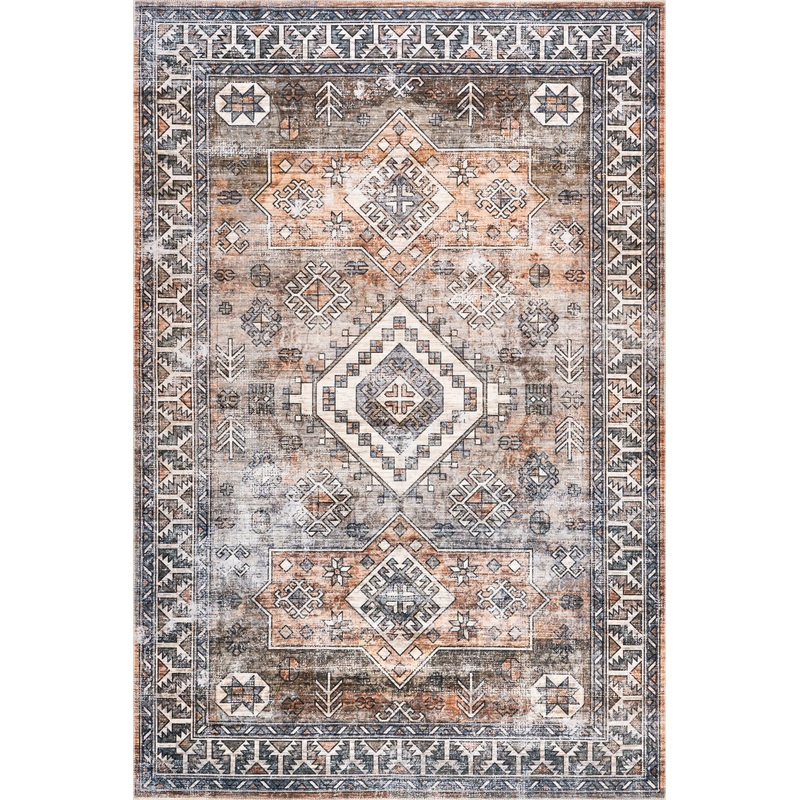Faded Geometric Washable Rug | Rust