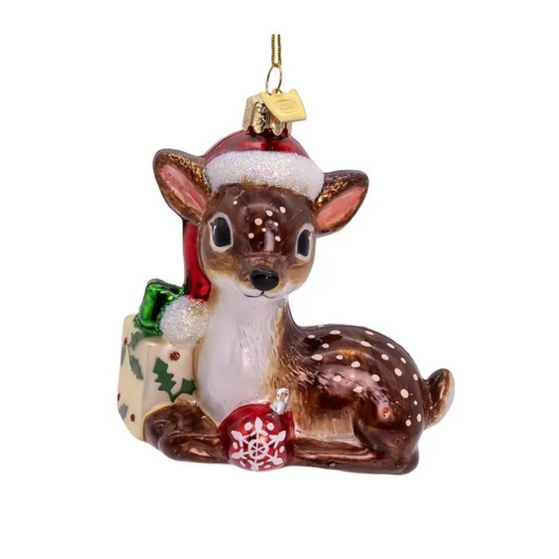 Kurt Adler Nobel Gems Glass Christmas Ornament, Reindeer with Santa Hat & Present