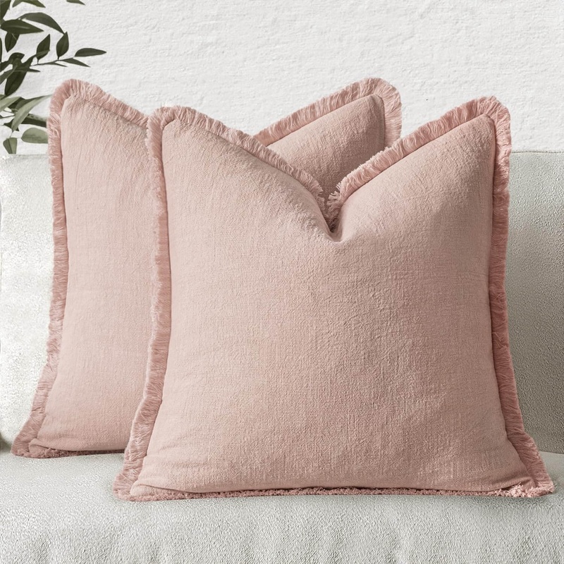 MIULEE Decorative Throw Pillow Covers Neutral Linen Fringe Throw Pillows Set of 2 Light Pink Boho Farmhouse Cushion Covers for Couch Sofa Bed Living Room Spring Home Decor 20×20 Inch