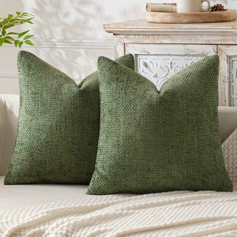 MIULEE Pack of 2 Moss Green Decorative Pillow Covers 18×18 Inch Soft Chenille Couch Throw Pillows Farmhouse Cushion Covers for Home Decor Sofa Bedroom Living Room