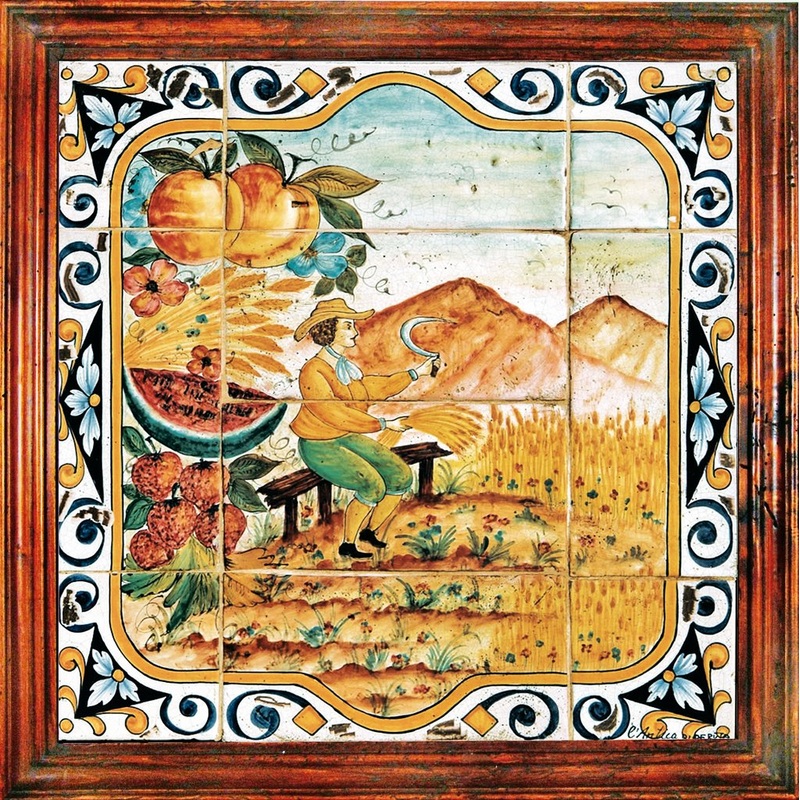 ANTICA DERUTA: Hand Painted Framed Ceramic Tiles Panel – Season SUMMER