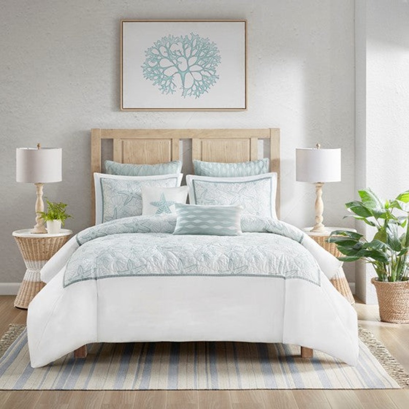 Coastal Maya Bay Comforter Set 4PC – White With Seafoam Blue Hues