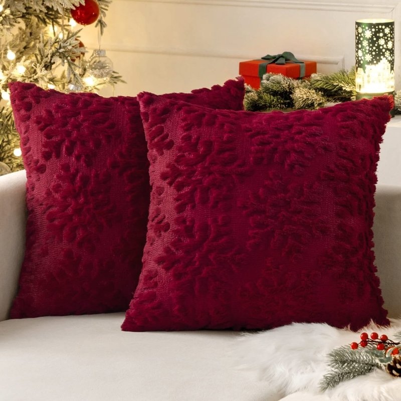 MIULEE Burgundy Red Throw Pillow Covers Christmas Snowflakes Decorative Pillow Covers 20×20 Inch Soft Plush Faux Wool Pillow Covers Set of 2 Farmhouse Couch Pillows Home Decors for Sofa Livingroom Bed