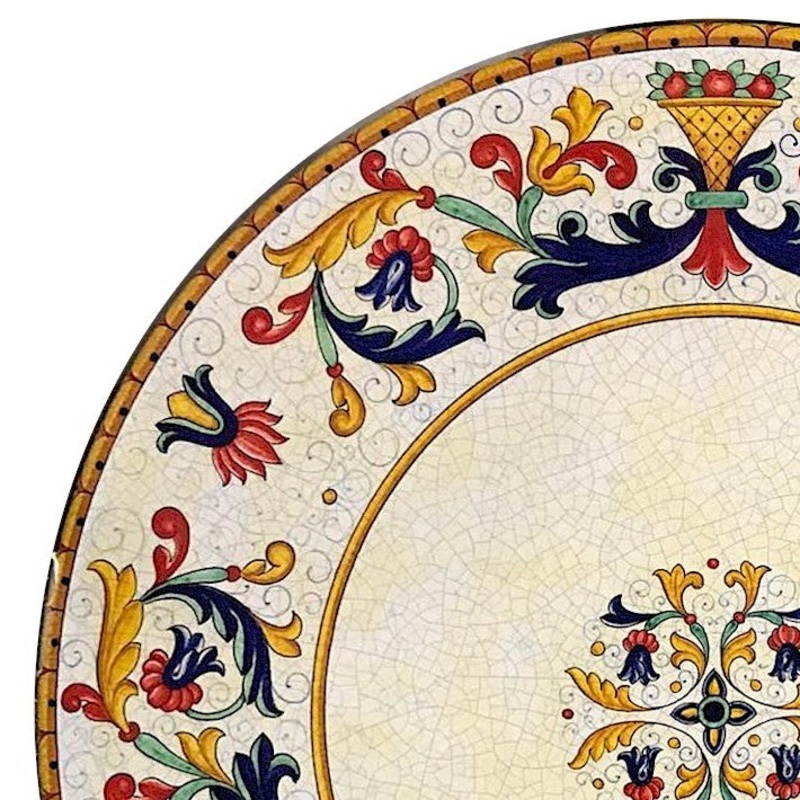 CERAMIC STONE TABLE + IRON BASE: RICCO DERUTA Design^ – Hand Painted in Deruta, Italy.