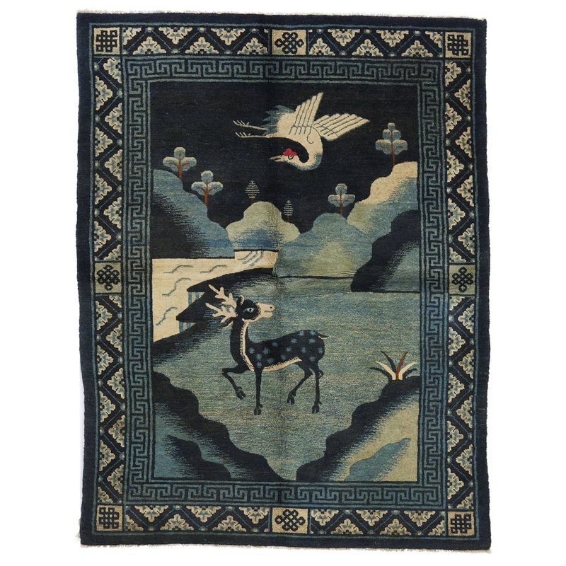ANTIQUE CHINESE PAO TAO BLUE, DEER AND CRANE 2′ 0” x 4′ 0”