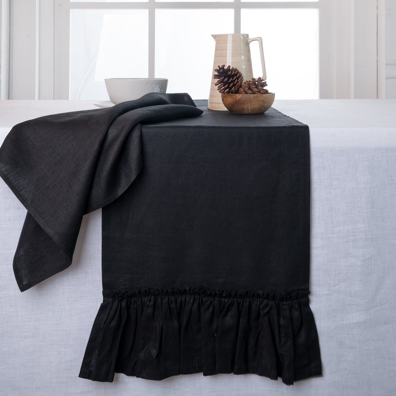 Black Pure Linen Table Runner – Ruffle