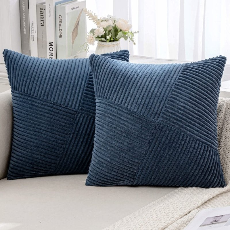 MIULEE Corduroy Pillow Covers Pack of 2 Decorative Windmill Striped Spliced Throw Pillow Covers Soft Couch Pillowcases Boho Patchwork Cushion Covers for Living Room Bed Sofa 16×16 inch, Blue