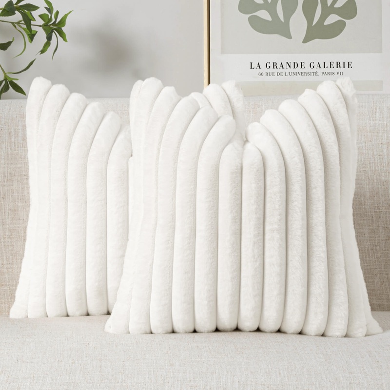 MIULEE Faux Fur Large Decorative Throw Pillow Covers 24×24 Inch Set of 2, Modern Spring Home Decor Soft Plush Couch Pillows Cozy Fluffy Cushion Covers for Sofa Bed White