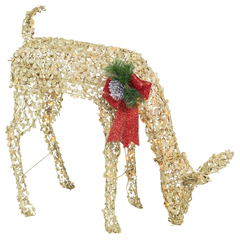 Good Tidings Pearl Colored Feeding Doe With Gold Glitter Finish- Prelit With 105 Clear Lights, 33″