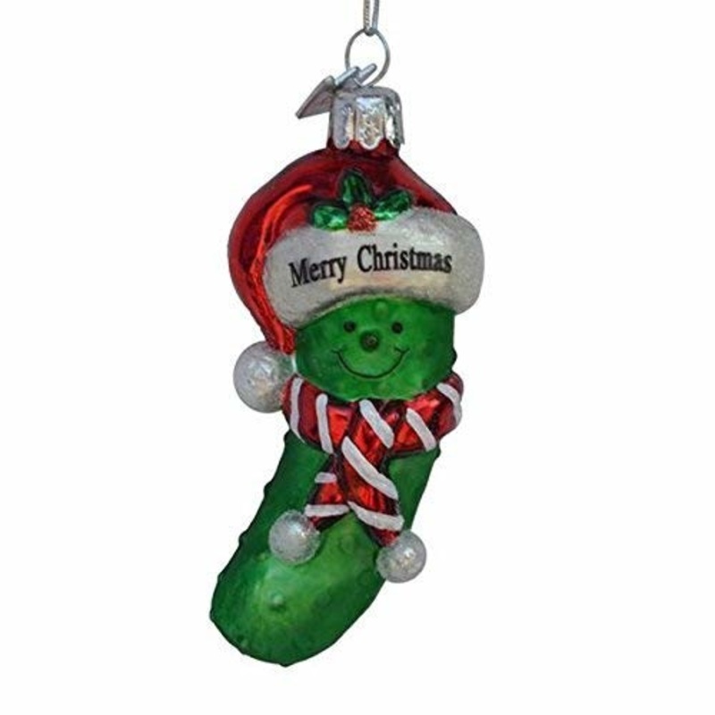 Kurt Adler Noble Gems Glass Ornament for Christmas Tree, Merry Christmas Pickle, 3.5in