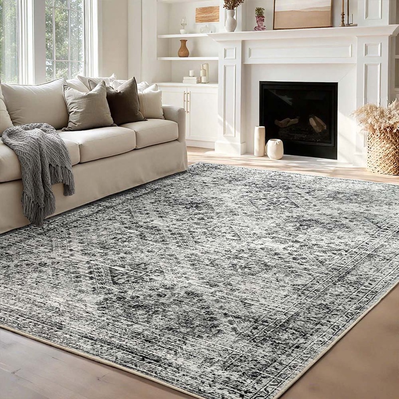 MIULEE 8×10 Vintage Washable Area Rugs Living Room Rug Low Pile Boho Farmhouse Floor Mat for Bedroom Dining Room Under Kitchen Table, Non-Slip Stain Resistant Soft Large Carpet for Home decor, Grey