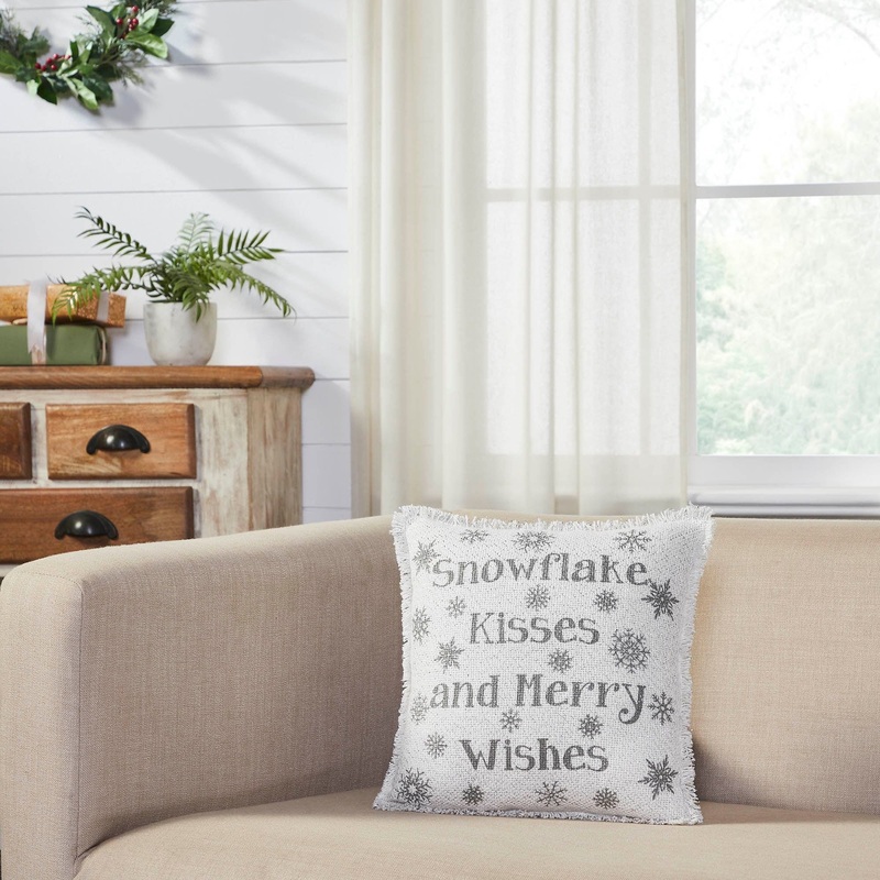 Yuletide Burlap Antique White Snowflake Kisses Pillow 12×12