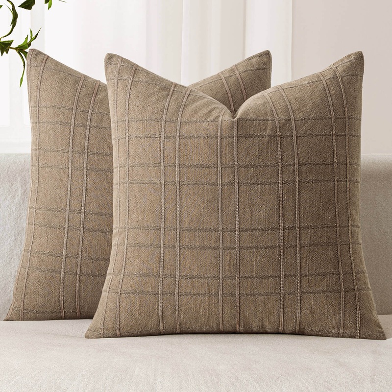 MIULEE Decorative Linen Check Throw Pillow Covers Neutral Farmhouse Vintage Pillow Covers 20×20 Inch Set of 2 Boho Modern Home Decor for Sofa Couch Bedroom Cushion Chair Light Brown