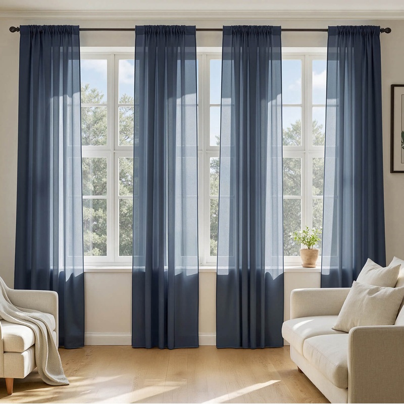 MIULEE Navy Blue Sheer Curtains 84 Inches Long, 4 Panels Set, Light Filtering Rod Pocket Voile Drapes Window Treatments, Semi Transparent Airy Fabric for Bedroom and Living Room, 42 x 84 Inches