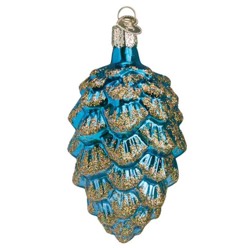 Old World Christmas Glass Blown Ponderosa Pine Cone Blue, 4″