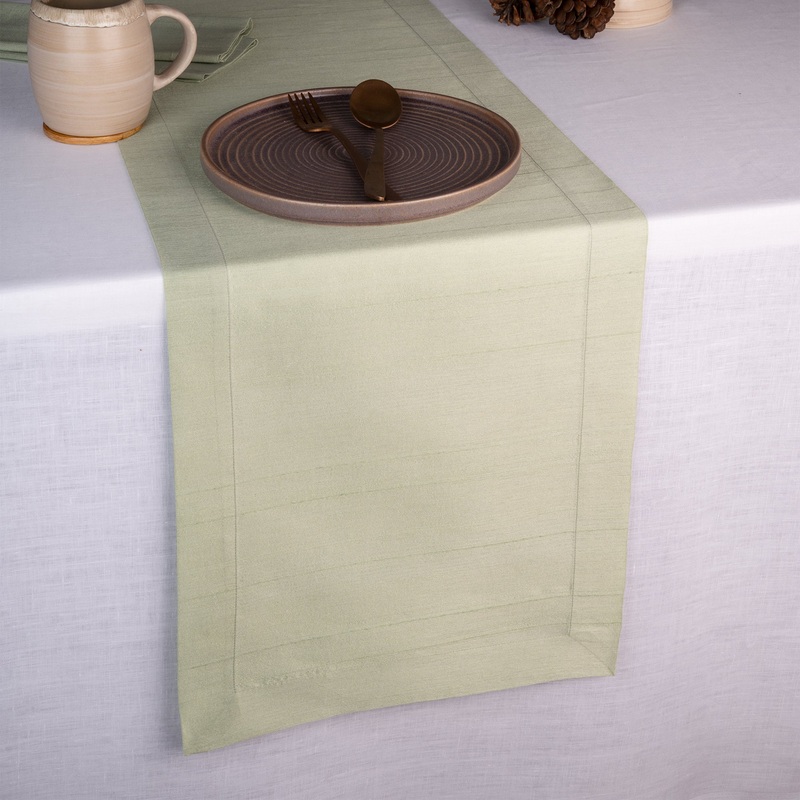 Sage Green Vegan Silk Table Runner – Mitered Corner
