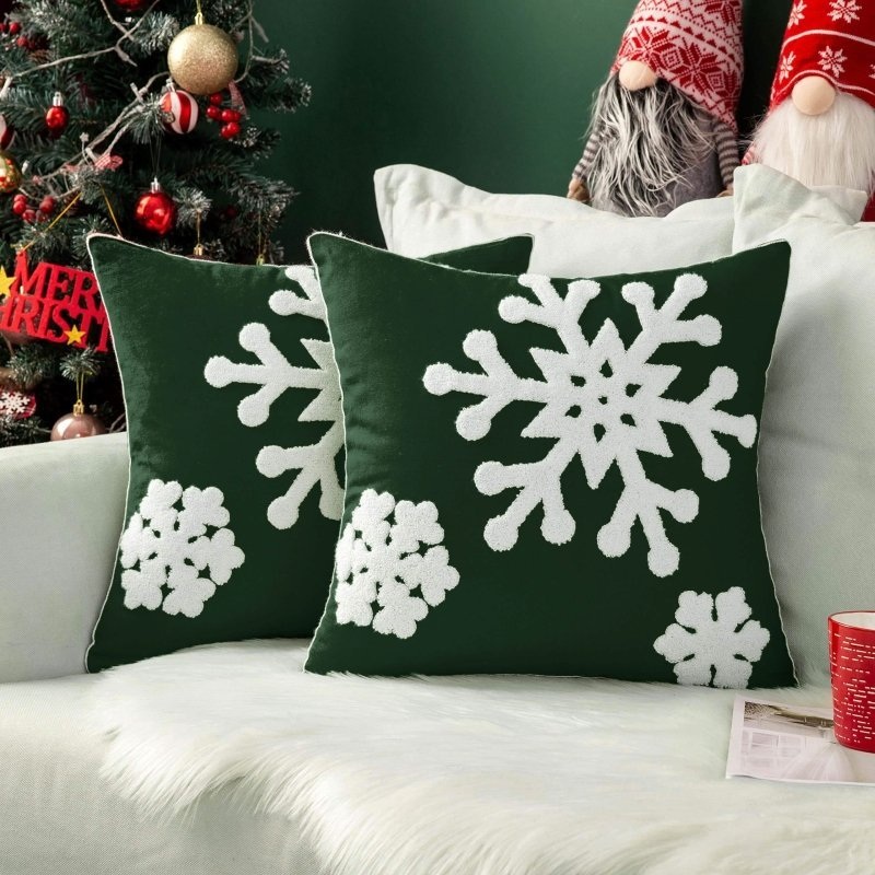 MIULEE Pack of 2 Christmas Decorative Snowflake Throw Pillow Covers Canvas Embroidery Cushion Cases Holiday Decor Soft Pillowcases for Couch Sofa Bedroom Car (Dark Green, 16x16in)