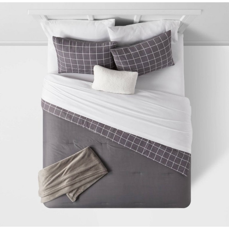 5pc King Grid Print Reversible Decorative Comforter Set with Throw – Dark Gray