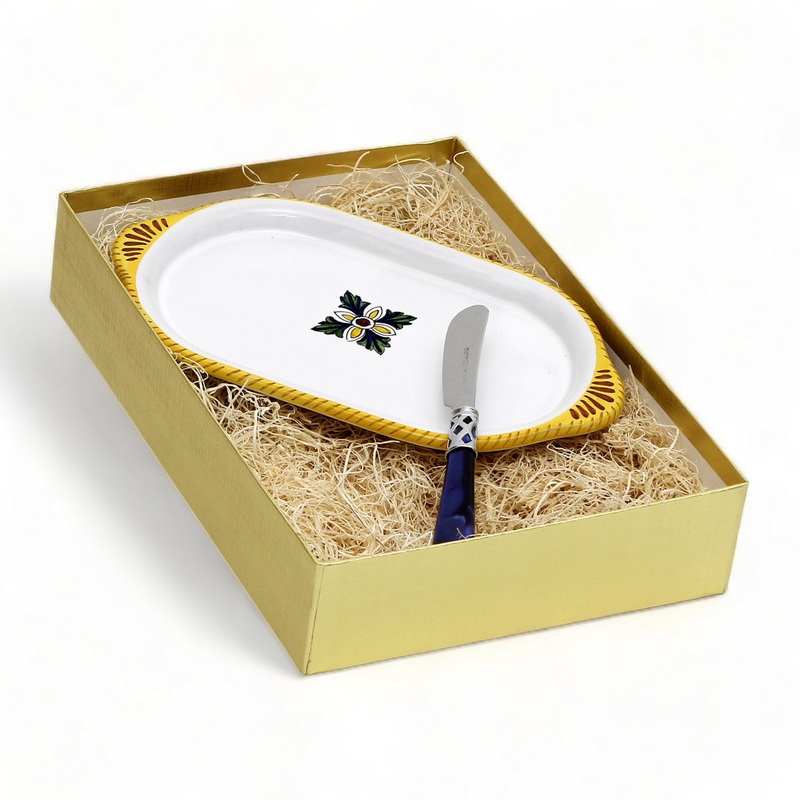 GIFT BOX GOLD: With authentic Deruta hand painted ceramic – RAFFAELLESCO: Oval/Oblong Small Tray With Spreader