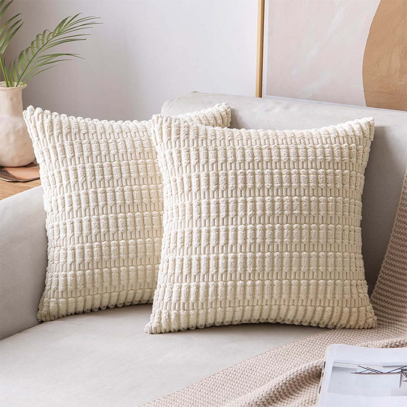 MIULEE Pack of 2 Corduroy Decorative Throw Pillow Covers 18×18 Inch Soft Boho Striped Pillow Covers Modern Farmhouse Home Decor for Sofa Living Room Couch Bed Cream White
