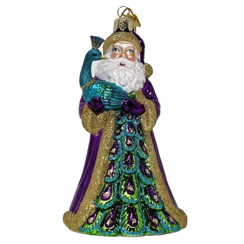 Kurt Adler Noble Gems Glass Christmas Ornament, Santa with Peacock