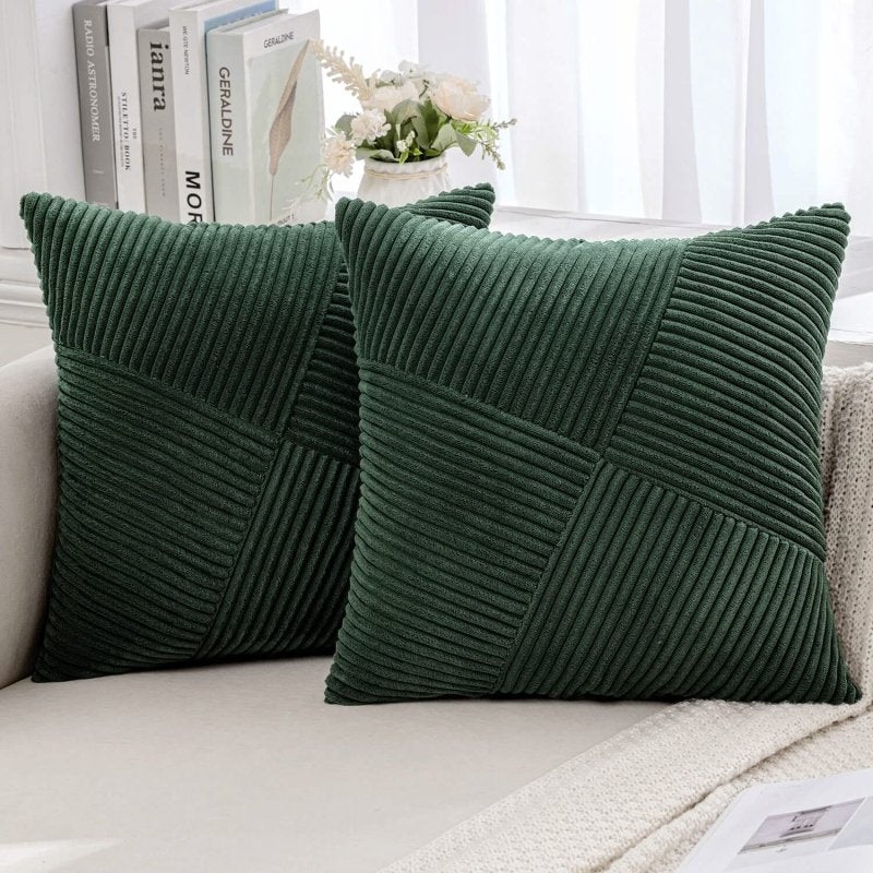 MIULEE Christmas Corduroy Throw Pillow Covers Pack of 2 Decorative Windmill Striped Spliced Soft Couch Pillowcases Boho Patchwork Cushion Covers for Living Room Bed Sofa 16×16 inch, Army Green