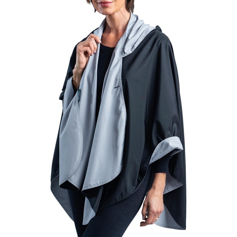 Black & Pewter Grey Womens Rain Cape – Rainproof Breathable Rain Poncho