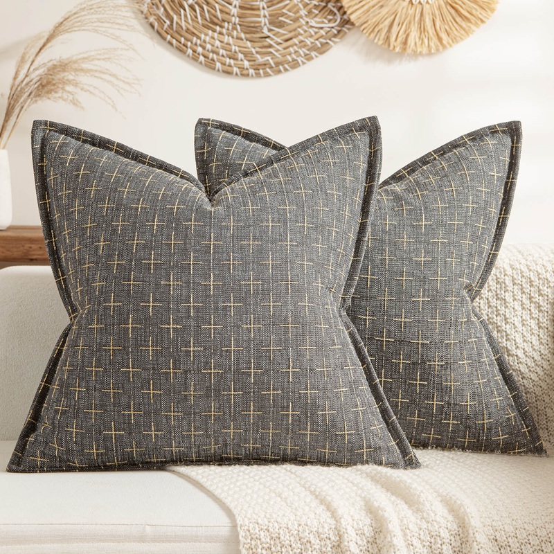 MIULEE Pack of 2 Decorative Burlap Linen Throw Pillow Covers Modern Farmhouse Pillowcase with Broad Edge Rustic Woven Textured Cushion Cover for Spring Sofa Couch Bed 24×24 Inch Dark Grey