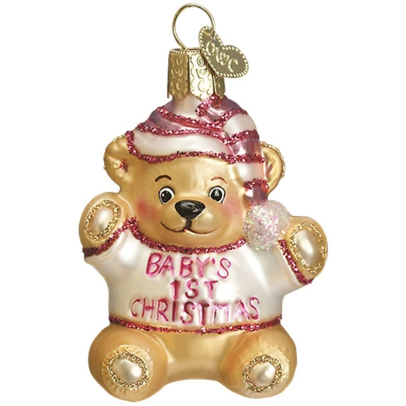 Old World Christmas Hanging Glass Tree Ornament, Baby Girl’s First Teddy Bear