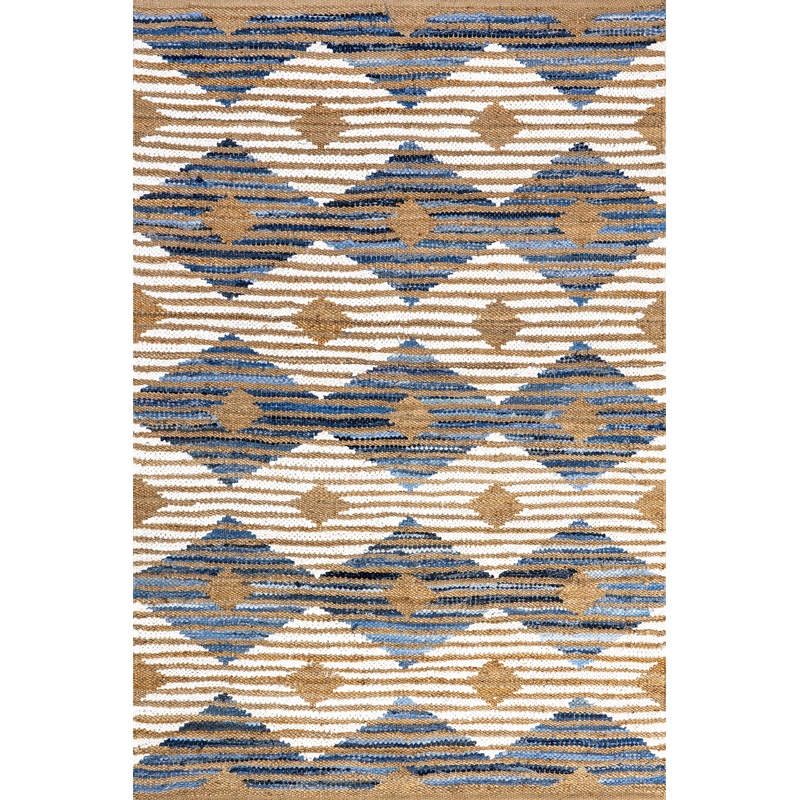 Hand Braided Denim And Jute Striped Diamonds Rug | Off White