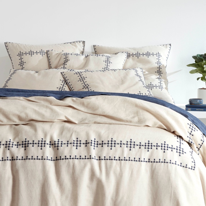 Cross-Stitch Linen Duvet Cover | Navy