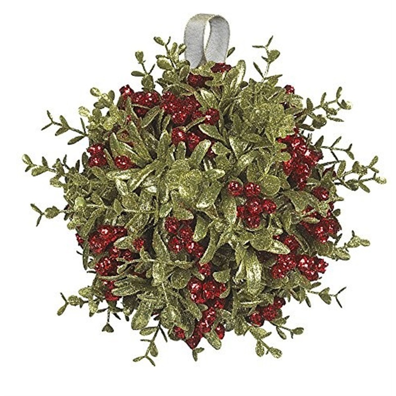 Ganz Kissing Krystals Collection Faux Mistletoe Kissball with Glittered Red Berries, 10″