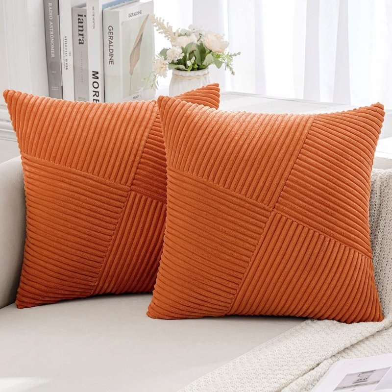 MIULEE Fall Corduroy Pillow Covers Pack of 2 Decorative Windmill Striped Spliced Throw Pillow Covers Soft Couch Pillowcases Boho Patchwork Cushion Covers for Living Room Bed Sofa 20×20 inch, Orange