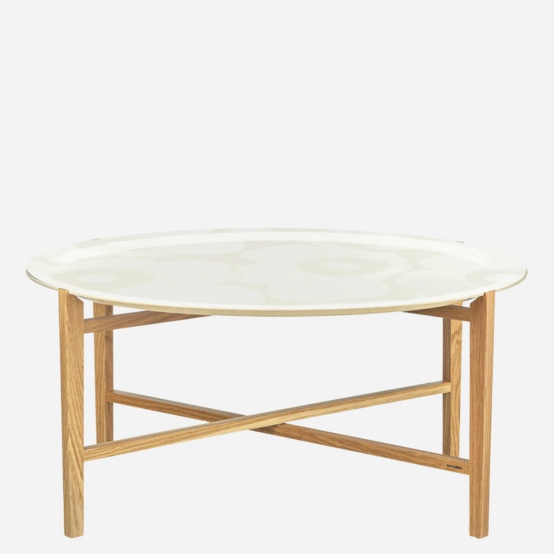 Unikko Round Tray, White / Off-White with Oak Tray Stand – 26″