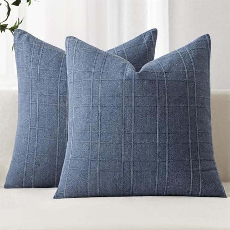 MIULEE Decorative Linen Check Throw Pillow Covers Neutral Farmhouse Vintage Pillow Covers 20×20 Inch Set of 2 Boho Modern Home Decor for Sofa Couch Bedroom Cushion Chair Blue