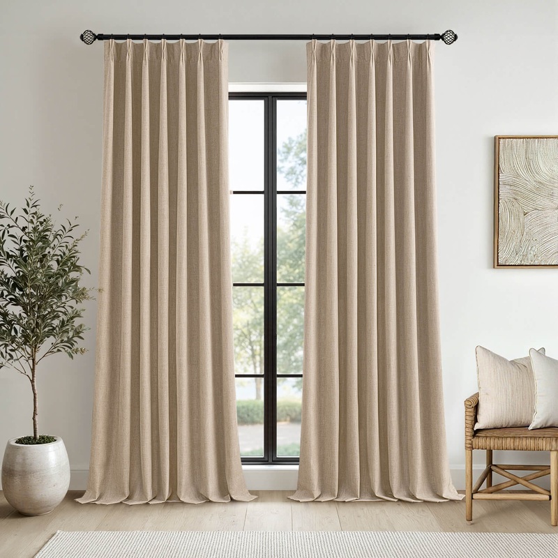 MIULEE Taupe Pinch Pleated 100% Blackout Linen Curtains 108 Inch Long 2 Panels Set, Pleat Curtains with Pin Hooks, Black Out Light Blocking Room Darkening Drapes for Bedroom Living Room Window
