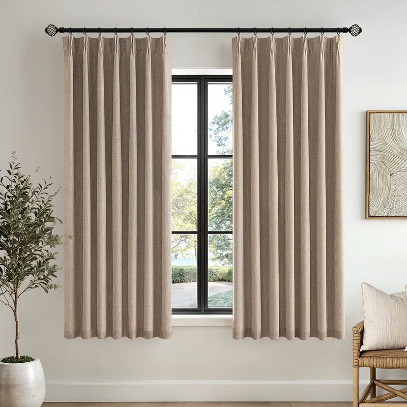 MIULEE Copper Brown Pinch Pleated 100% Blackout Linen Curtains for Bedroom, Room Darkening Light Blocking Window Curtain 63 inches Long for Living Room, Black Out Pleat Drapes with Pin Hooks, 2 Panels