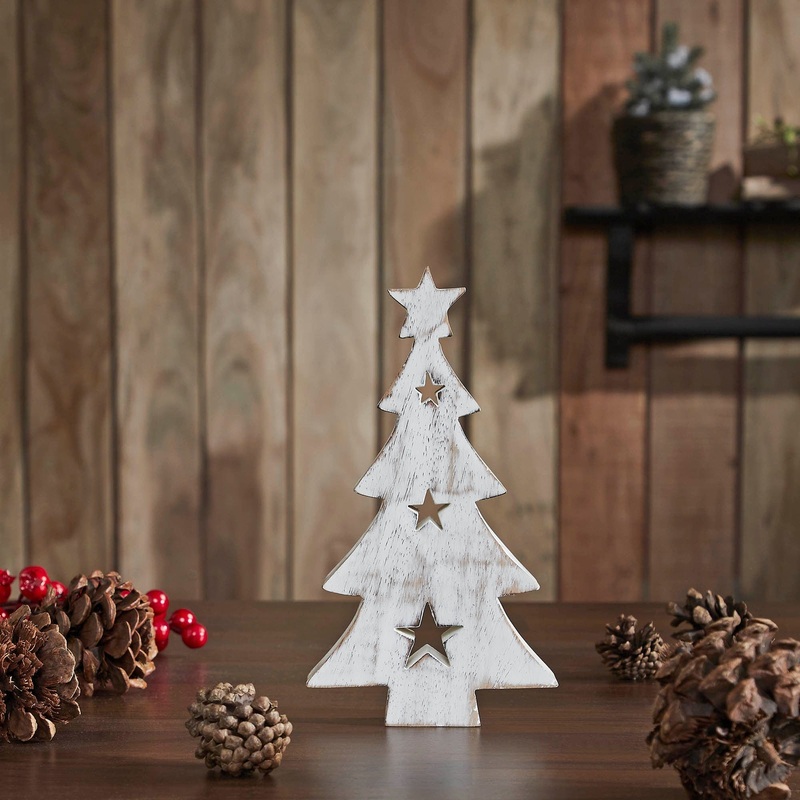 Christmas Tree w/ Stars White Wooden Figurine 10×5.75×1