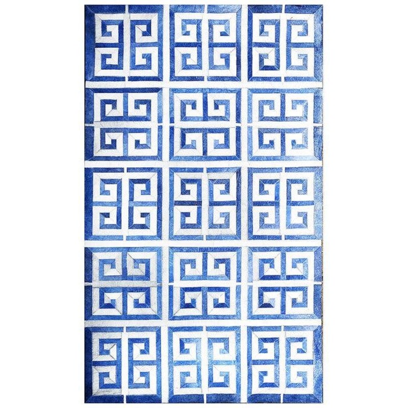 Poshrug Blue White Maze Cowhide Rug (Greek Key)