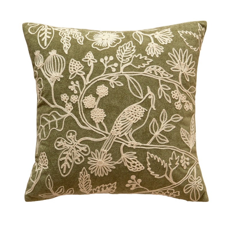 Green Flower and Bird Square Pillow