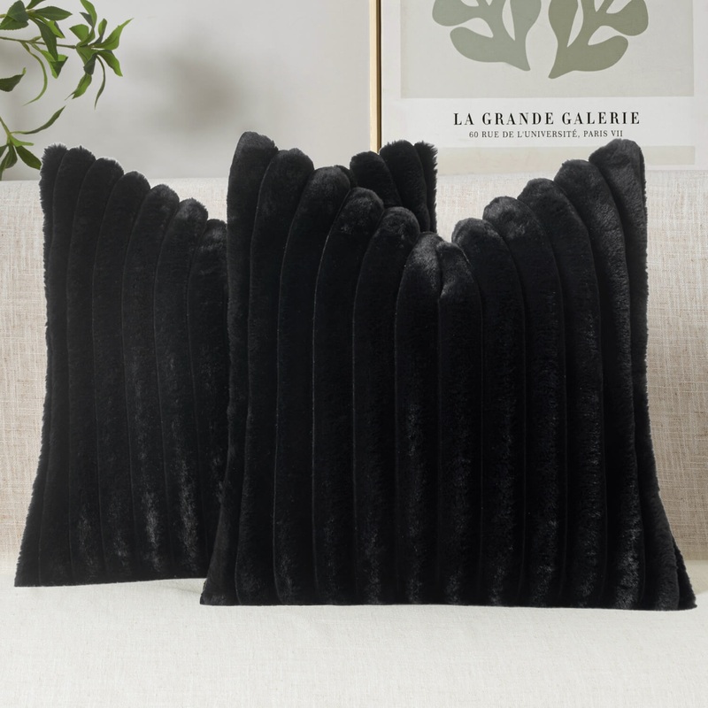 MIULEE Faux Fur Decorative Throw Pillow Covers 18×18 Inch Set of 2, French Modern Art Home Decor Soft Plush Couch Pillows Cozy Fluffy Cushion Covers for Sofa Bed Black