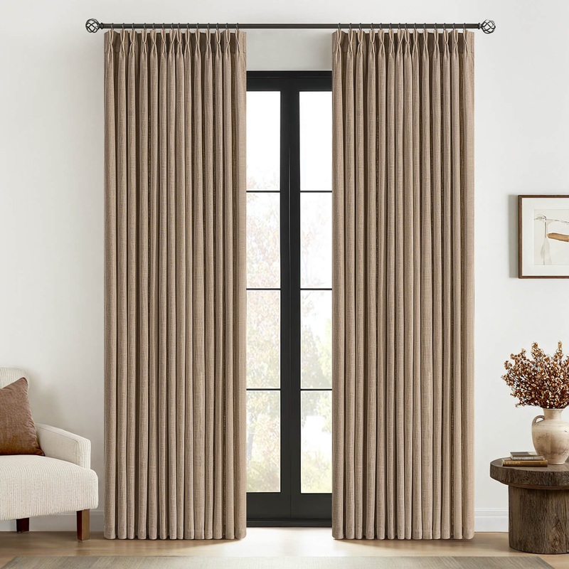 MIULEE Pinch Pleated Linen Curtains 90 Inches Long 2 Panels for Living Room Bedroom, Textured Thick Linen Brown Drapes Pleat Back Tab Light Filtering Country Farmhouse Burlap Curtains With Hooks&Rings