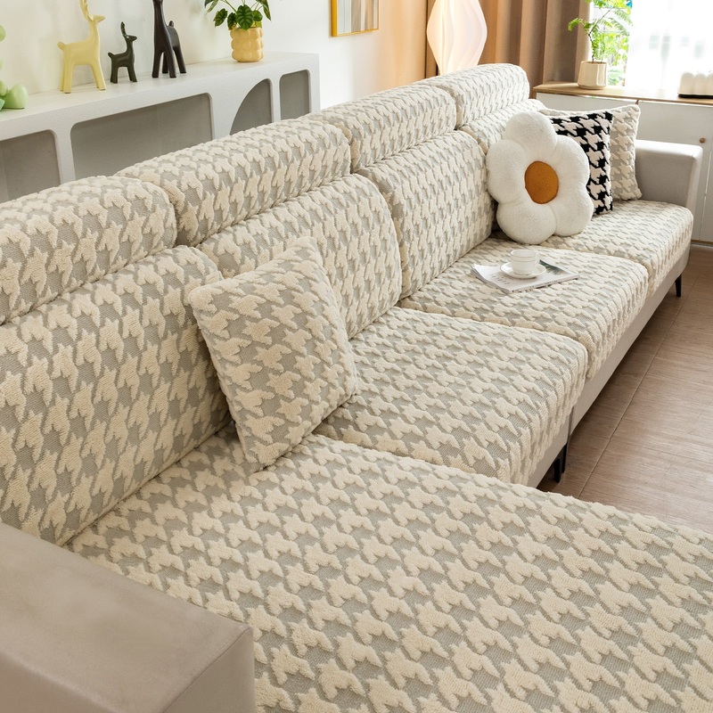 Classic Houndstooth Fleece Stretch Sofa Cover  Anti-Scratch, Full-Cover Pet Protector