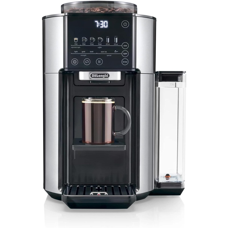 De’Longhi TrueBrew Drip Coffee Maker, Built in Grinder, Single Serve, 8 oz to 24 oz, Hot or Iced Coffee, Stainless, CAM51025MB