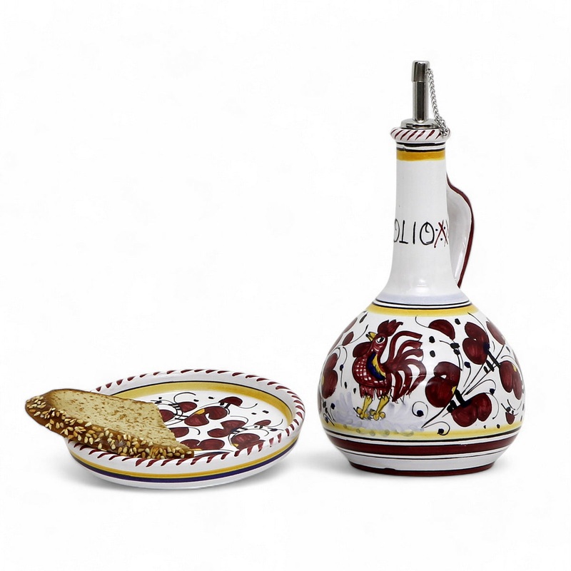 ORVIETO RED ROOSTER: Olive Oil Bottle Dispenser Deluxe with Dipping Bowl Tray