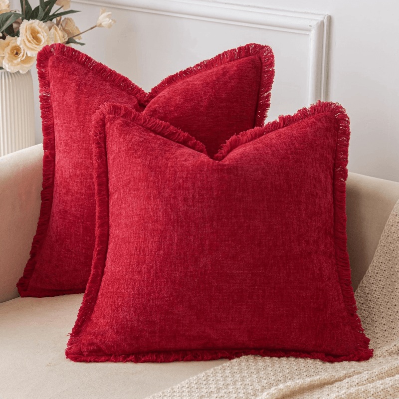 MIULEE Christmas Red Throw Pillow Covers 18×18 Inch Pack of 2 Cozy Chenille Pillow Covers with Tassels Solid Dyed Decorative Throw Pillows for Couch Sofa Bed Living Room Boho Home Decor