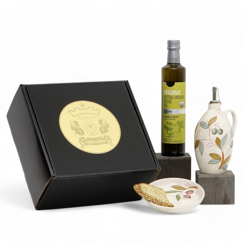 GIFT BOX: With Deruta Olive Oil Dispenser + Saucer/Dipping Bowl + EVOO bottle – DERUTA OLIVE COLORI design