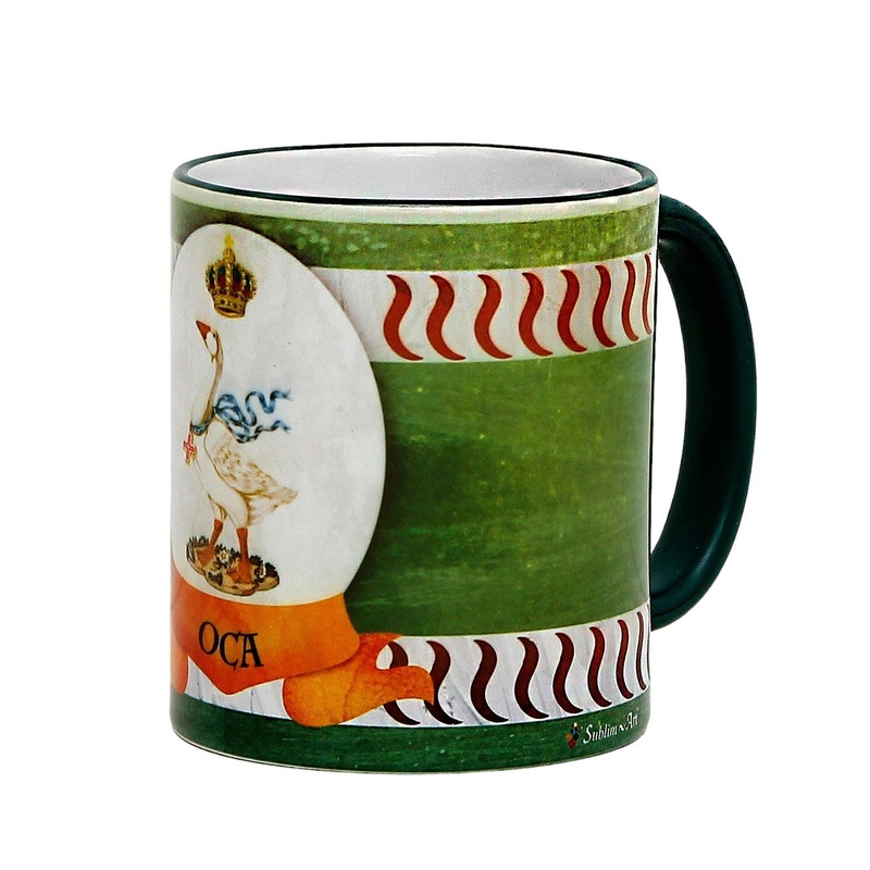 SUBLIMART: Palio di Siena Porcelain printed mug – Green Handle & Rim – Design by Mario Bruno – OCA (Goose)